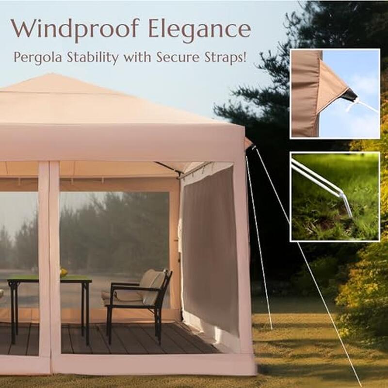 Tenda kanopi 10x10 luar ruangan, dengan jaring & tas jinjing, layar Gazebo Pop Up, rumah, taman, acara dapat diatur tinggi & berlubang atas matahari