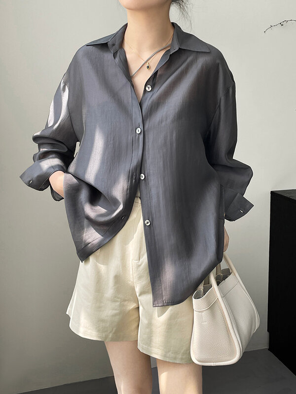 용수철 여성용 하이 퀄리티 레이온 라펠 셔츠, 사선 스플릿 백, 부드러운 기질, 루즈핏, 다목적 아우터, 디자인 감각