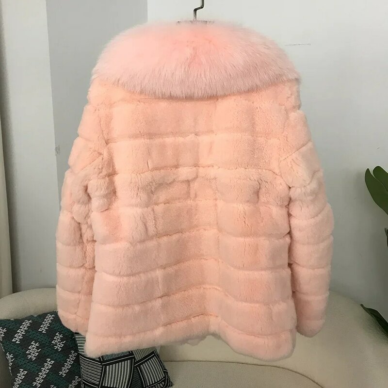 FURYOURSELF 여성용 진짜 여우 모피 칼라 코트, 겨울 재킷, 천연 렉스 토끼 모피 겉옷, 두껍고 따뜻한 스트리트웨어, 새로운 패션, 2024
