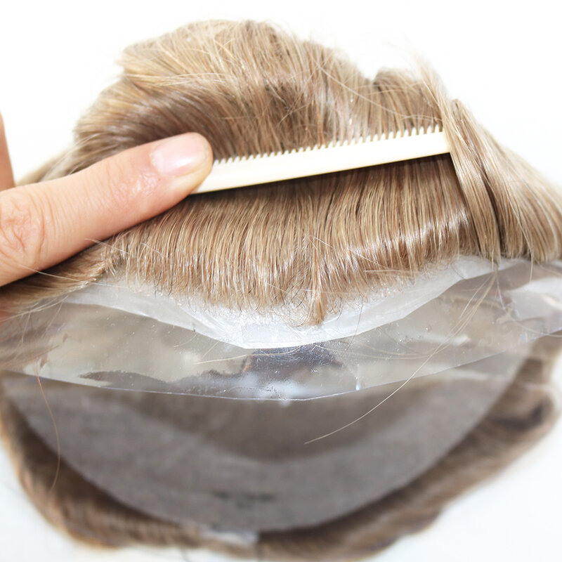 Натуральная тонкая кожа 0,06-0,08 мм европейские человеческие волосы система замены долговечных волос брикет коричневых волос мужской парик