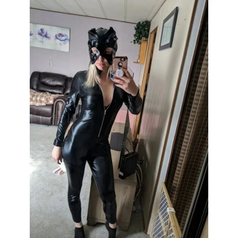 Justsaiyan sexy cat womens jumpsuit Zentai suit fancy dress shiny black wetlook leather cat catsuit Halloween costumes for women