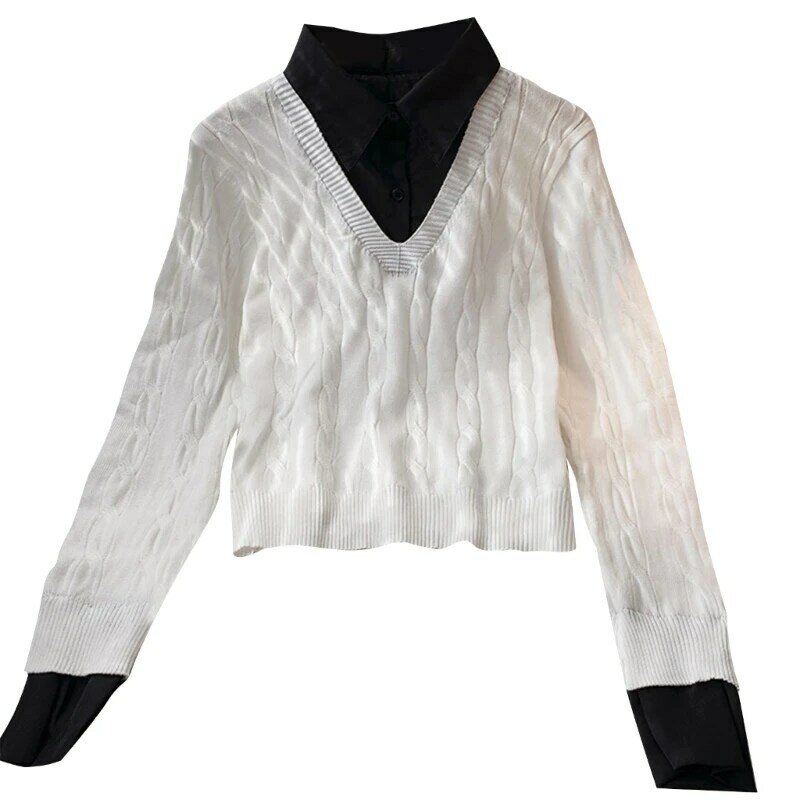 Damen Casual Kragen 2 in 1 Pullover Tops Kontrast Hemd Bluse Strickpullover Dropship