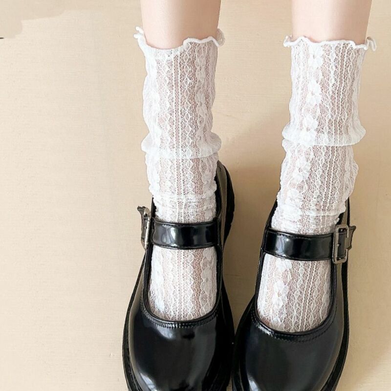 Kaus kaki jaring tembus pandang untuk wanita, kaos kaki renda gaya Korea bahan katun, kaus kaki motif bunga transparan bersirkulasi udara