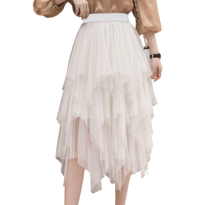 女性用伸縮性のあるハイウエストチュールスカート、不規則なメッシュ裾のミディスカート、単色の糸、長いストリートウェア