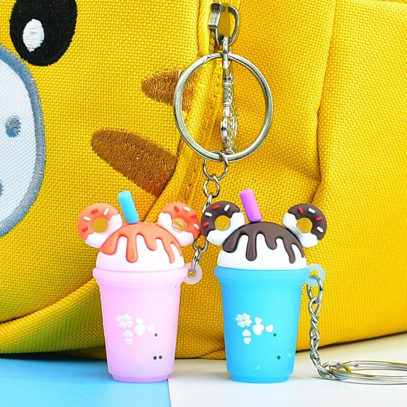 Cartoon Mouse Head Into Oil Acrylic Key Chains Liquid Floating Milk Tea Cup Keychain Female Couple Backpack Cute Keyring Gifts