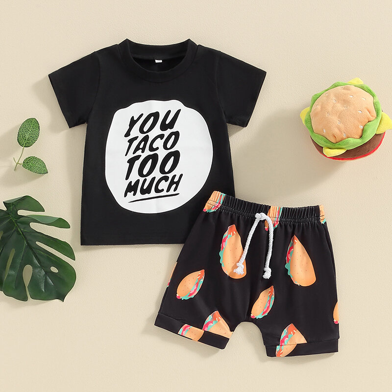 Baby Jongens Korte Broek Set Korte Mouw Letters Print T-Shirt Met Taco Print Shorts Zomer Outfit