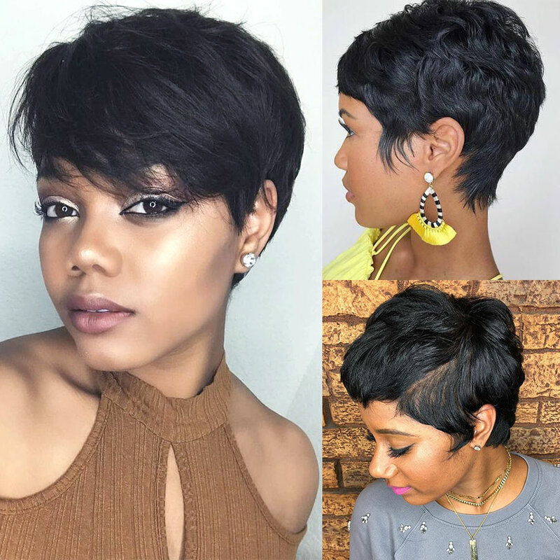 Peluca de cabello humano brasileño Remy para mujeres negras, Pelo Corto con corte Pixie recto, hecho a máquina, de colores, barata