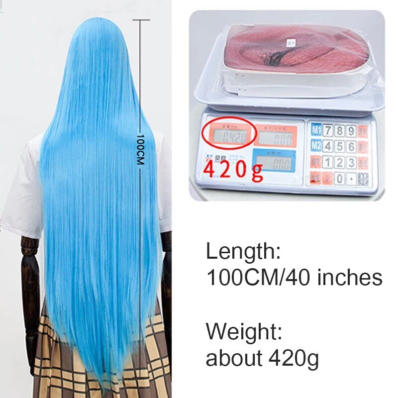 DIFEI-Peruca reta longa sintética com franja para mulheres, peruca resistente ao calor, anime ombre, rosa, verde, dourado, cosplay, 100cm