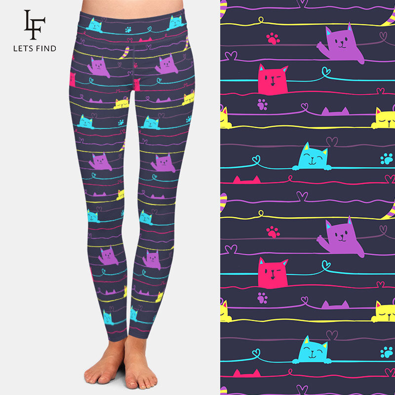 LETSFIND 패션 3D 다채로운 만화 고양이 패턴 인쇄 높은 허리 여성 레깅스, 고품질 피트니스 전체 레깅스