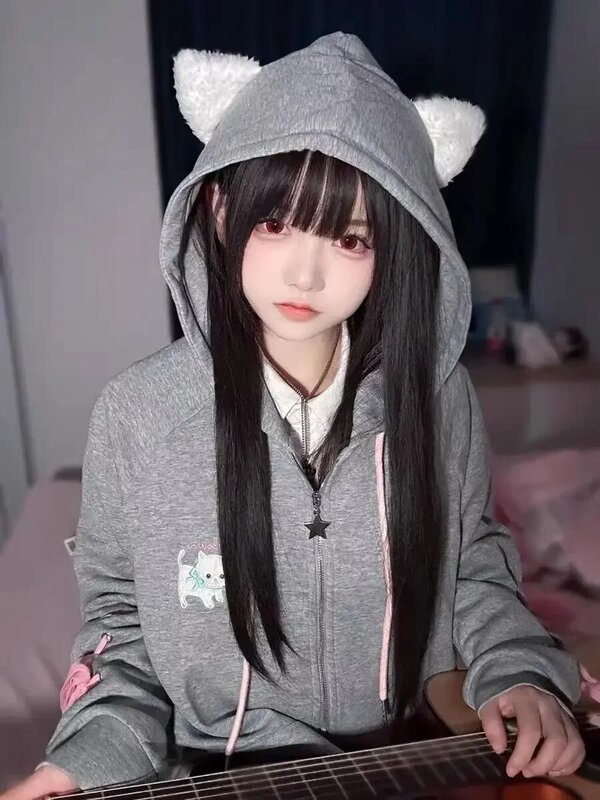 HOUZHOU-Sudadera con capucha Kawaii Harajuku para mujer, suéter con tirantes y cremallera, bordado de gato bonito, moda japonesa, suave, Gril, 2023