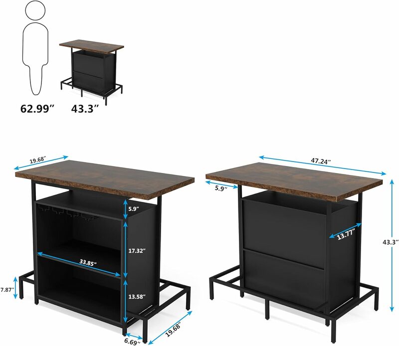 Шкаф для домашнего бара с подставкой для ног, промышленный 3-уровневый барный столик для ликера с стойка для фужеров и винным хранилищем