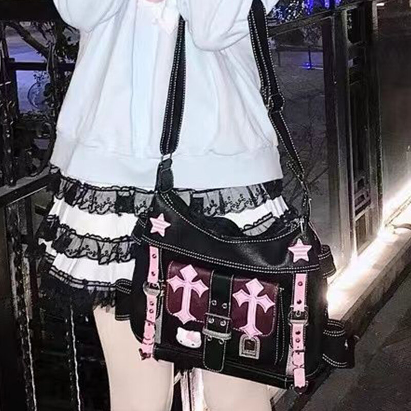 Hello Kitty Sanrio Gothic Punk Vintage Roze Cross Kettingen Crossbody Tassen Voor Vrouwen Speelgoed Hot Girl Handtas Y 2K Trend Draagtas Cadeau