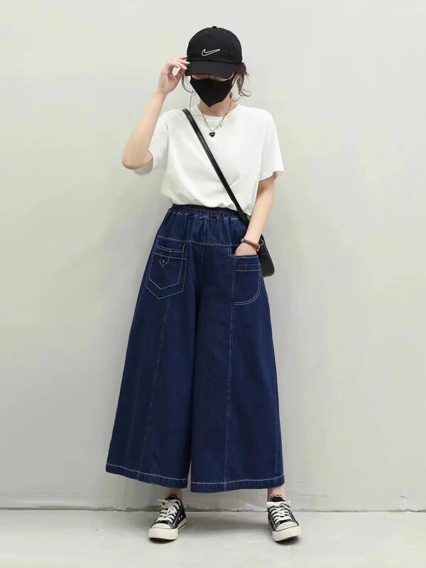 Pakaian wanita gaya Jepang Vintage pinggang elastis katun biru denim celana kaki lebar wanita musim panas musim gugur longgar jeans dengan saku
