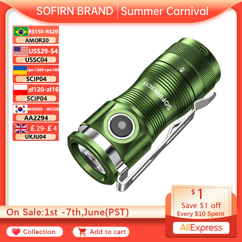 Sofirn-Lanterna tática com chaveiro, tocha de emergência, verde, SC13, SST40, LED, 1300lm, 18350, 6000K