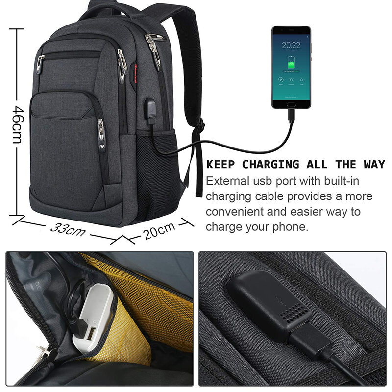 Impermeável Mochila de Viagem para Homens, Multifuntional Laptop Mochila, USB Business Bag, Oxford Mochila Exterior, 17"