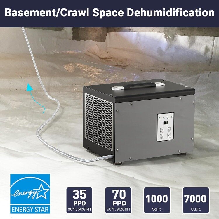 BaseAire Crawl Space/Basement Dehumidifier | 70 Pint Commercial Dehumidifiers with Pump & Hose | Up to 1000 Sq Ft | Compact