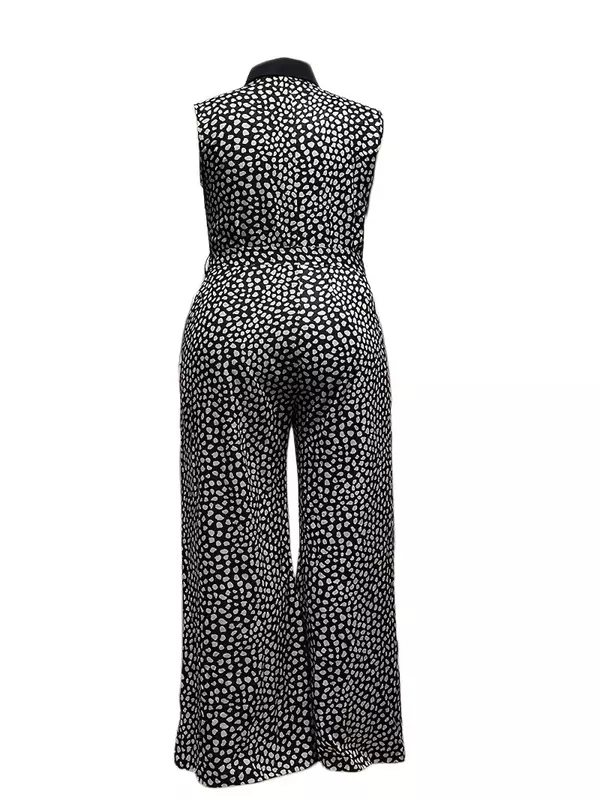 Wuhe Plus Size Fashion Women Dot Print Single Breasted Met Sjerpen Jumpsuit Met Rechte Wijde Pijpen 2024 Zomer Shirt Playsuits