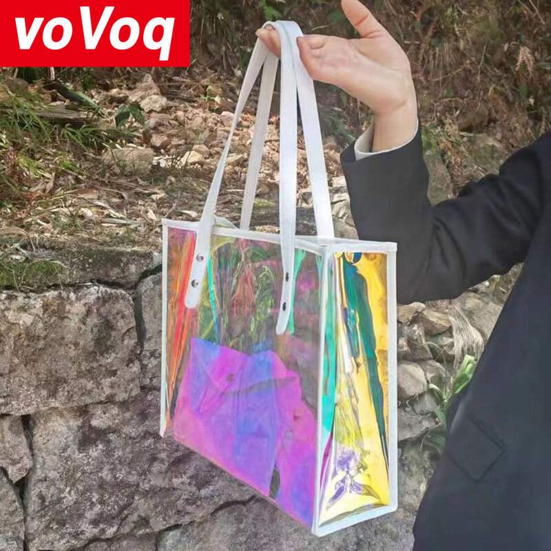 Новая пляжная сумка-желе с лазерным эффектом, красочная прозрачная сумочка, набор из 2 предметов, офисный стиль, ПВХ, вместительная Подарочная сумка с индивидуальным логотипом