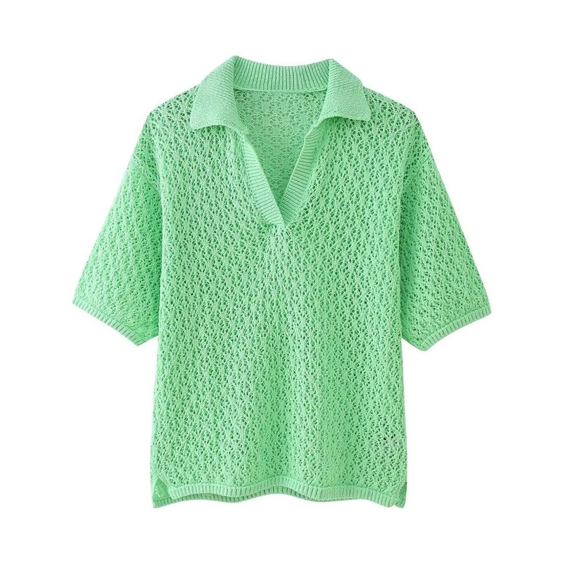 Women's 2024 New Fashion Loose Jacquard Mesh POLO Collar Knitted Top Retro Short Sleeve Women's Pullover Unique Top
