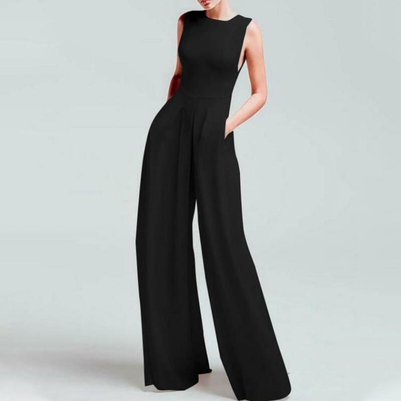 Women Jumpsuit Sleeveless Solid Color Wide Leg O Neck Slim Fit High Waist Pockets Soft Formal OL Commute Style Full Length Summe