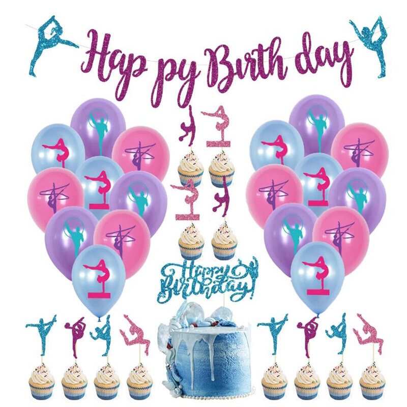 Decoración de fiesta de cumpleaños con temática de gimnasia, globos, pancarta de feliz cumpleaños, conjunto de adorno para pastel, escenas de fiesta deportiva para niña