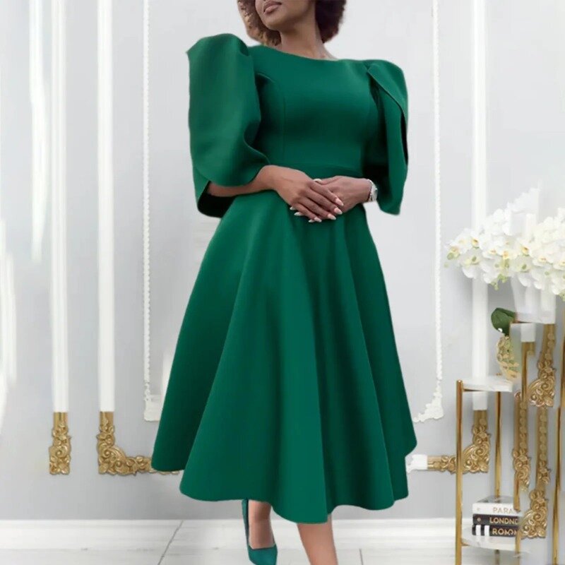 Afrykańskie wieczorowe sukienki damskie wiosna 2024 eleganckie pół rękaw fioletowa zielona niebieska sukienka Midi z okrągłym dekoltem ubranie afrykańskie