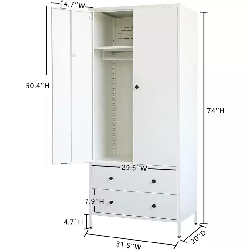 Armários e armários do metal com duas gavetas, mobília home, armário do vestuário, haste de suspensão ajustável, H-branco, 20 "D x 31.5" W x 74"