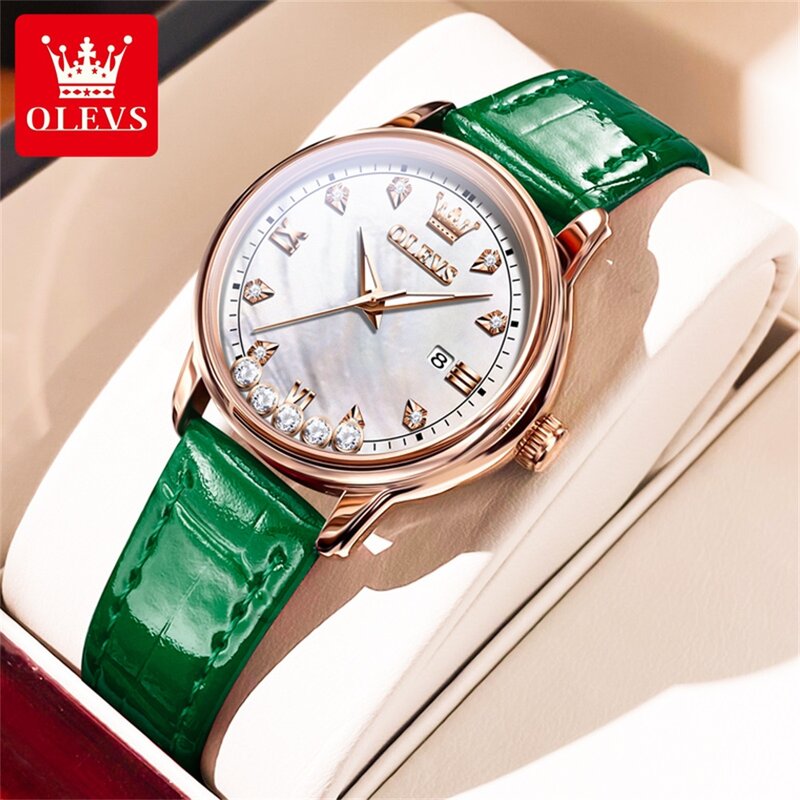 Olevs Merk Eenvoud Dameshorloges Lederen Band Diamant Quartz Horloge Mode Waterdichte Kalender Cadeau Armband Beauty Horloge