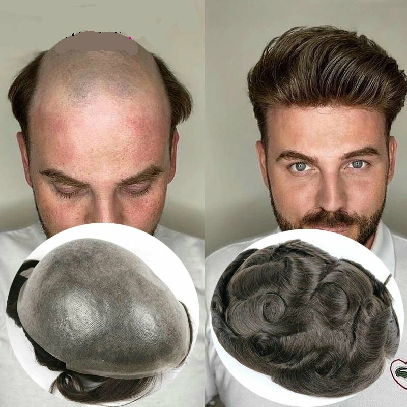 Sistema capilar ultra fino para homens, peruca macia e indetectável, prótese masculina de micropele, peruca fina natural, 0,06mm