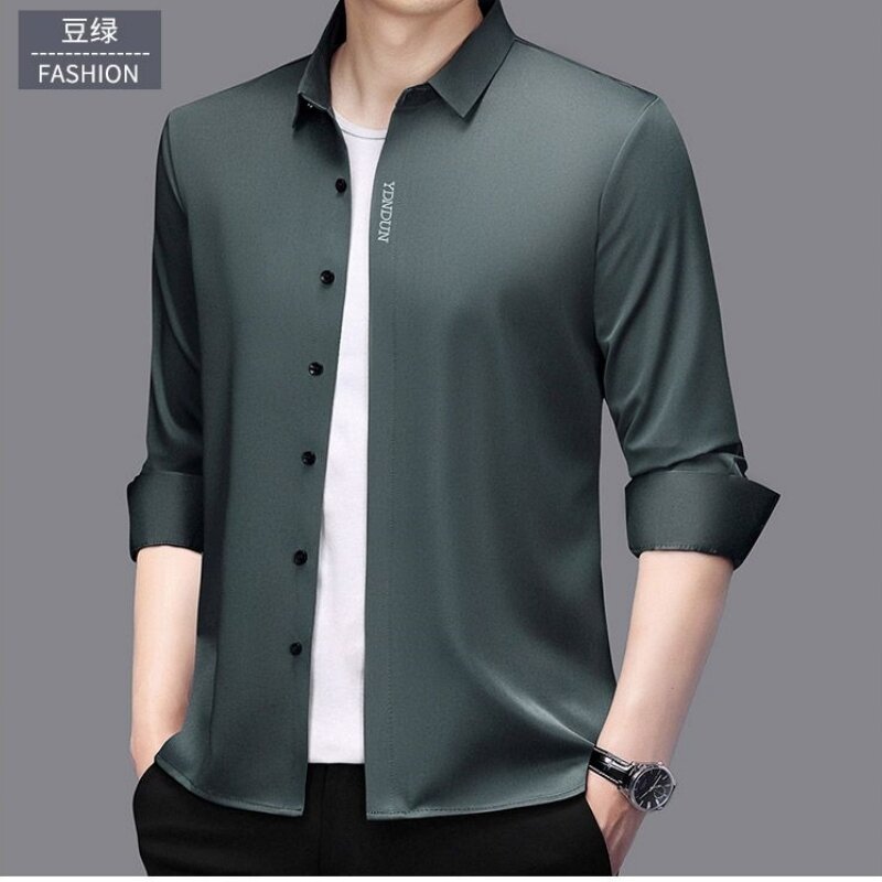 男性用長袖ビジネスシャツ,ハイエンド,マルチベリーシルク,ボタン,目に見えない伸縮性のあるトップス,しわに強い,豪華な生地,100%