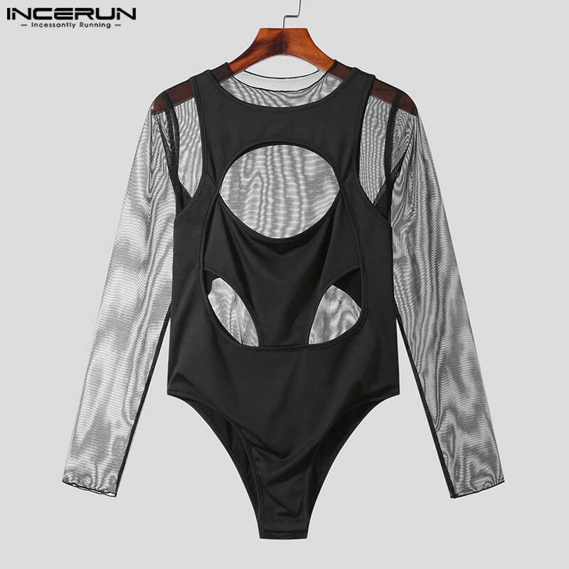 Men Bodysuits Mesh Patchwork O-neck Long Sleeve Rompers Men T Shirts Transparent 2023 Hollow Out Sexy Bodysuits S-5XL INCERUN