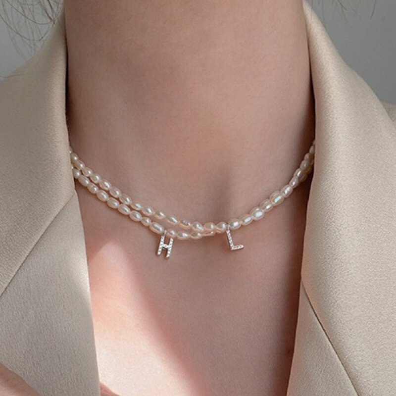 Collar personalizado con nombre para mujer, colgante con letra inicial, circonita, cadena de perlas de imitación, joyería al por mayor