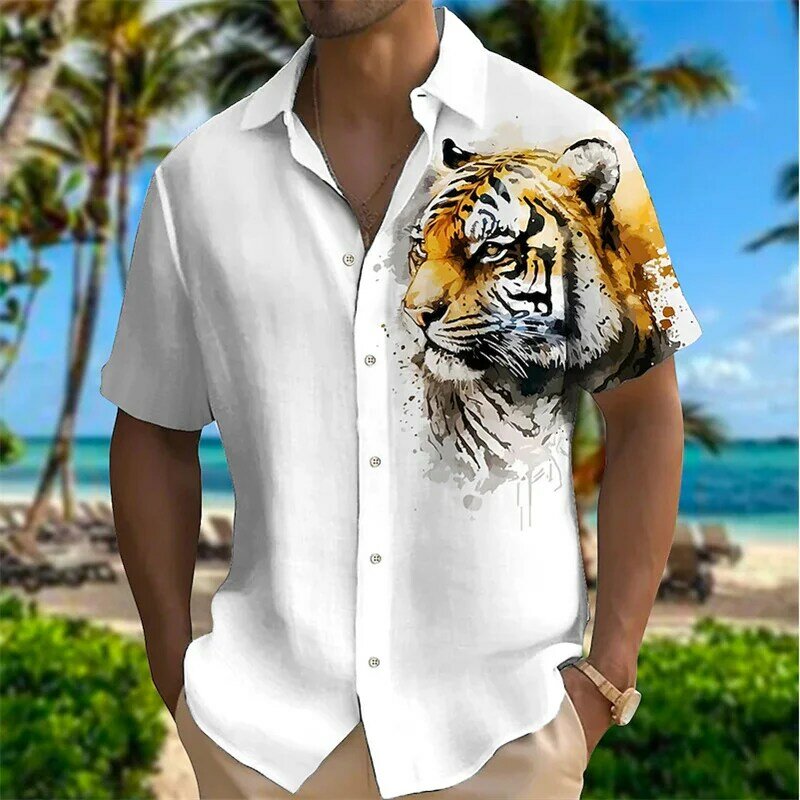 2024 kemeja pria hewan harimau 3D cetak kancing kemeja kerah luar ruangan jalan pakaian lengan pendek desainer mode kasual lembut
