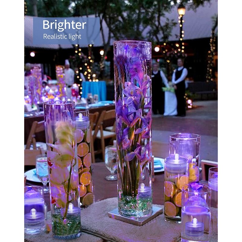 Lampu LED bawah air ungu 12 buah, lampu teh lilin tanpa api tahan air, dioperasikan baterai bawah air Festival musiman
