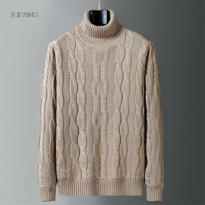 Hangat Pria Sweater Turtleneck Leher Tinggi Musim Dingin Korea Knitwear Musim Dingin Pullover Wol Liner Tebal Vintage Pria Jumper Putih Hitam
