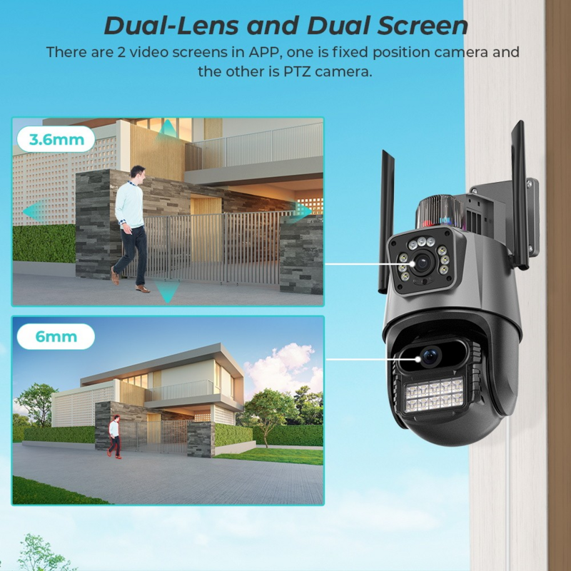 AMROL-PTZ Video Security Camera, Dual Screen, Alarme, Detecção de Movimento, Ao ar livre, Sem fio, Lente Dupla, Wi-Fi, 4MP, 8MP, 8MP, IP