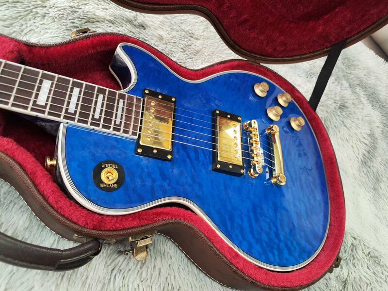 大きな $ onのロゴが付いたエレキギター,青色,カバー付き,マホガニーボディ,中国製,送料無料