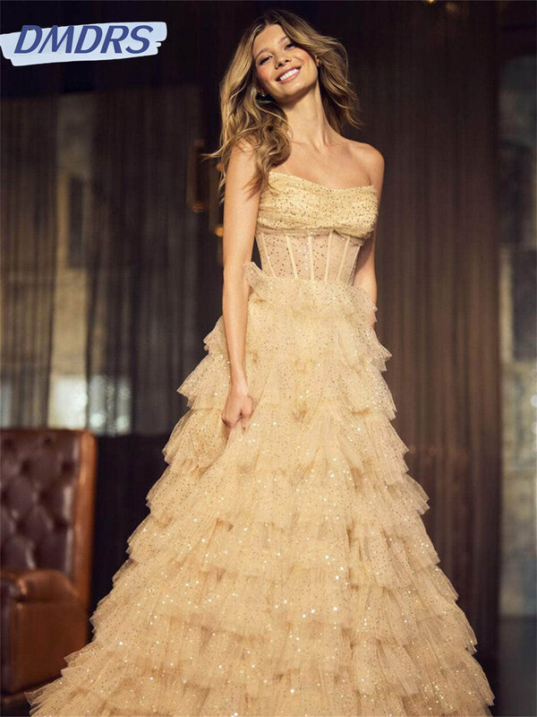 Gaun malam tanpa tali anggun klasik gaun Tulle tanpa lengan elegan 2024 gaun A-line modis Vestidos De Novia