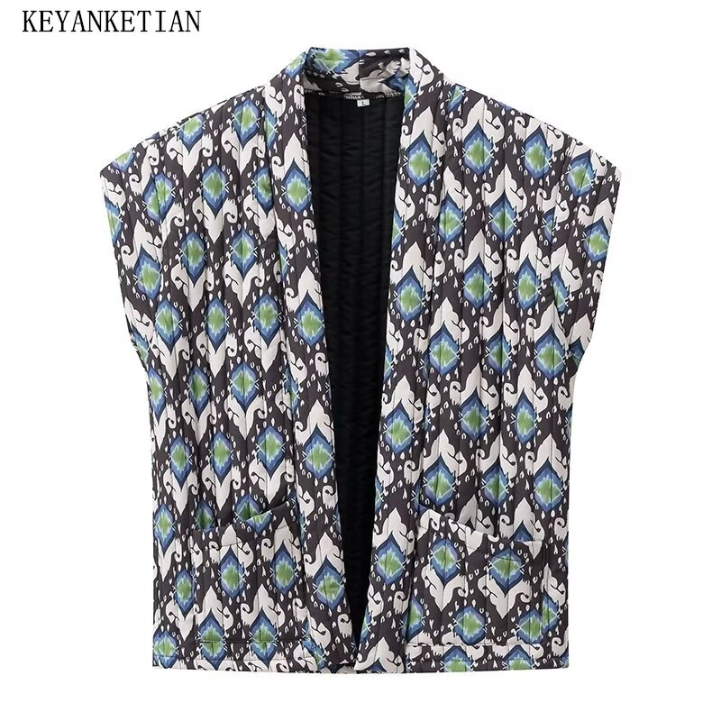 Keyanketian-女性用の薄手のルーズノースリーブベスト、エスニックスタイルのプリント、キルティングウエストコート、レトロ、ダブルポケット、ニュー発売、トップス、2022