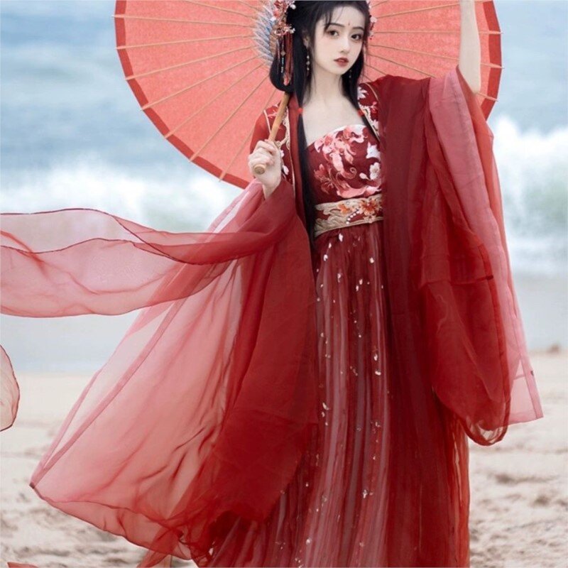 ملابس هان الصينية التقليدية للنساء ، هانفو ، جناح مطرز ، 9 ذيل ، سلسلة الأساطير ، بدلة تنورة شيوكو