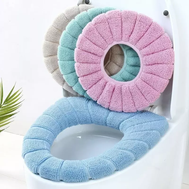 暖かいニットのトイレのシートカバー、布のスツールマット、洗えるバスルームのアクセサリー、純粋な色、柔らかいo字型のパッド、冬、1個