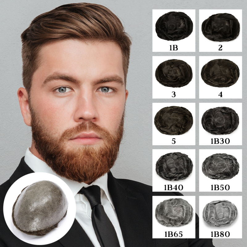Perruque de cheveux humains indiens pour hommes, toupet pour hommes, prothèse capillaire masculine, densité 130%, épaisseur 0.1-0.12, cheveux de peau