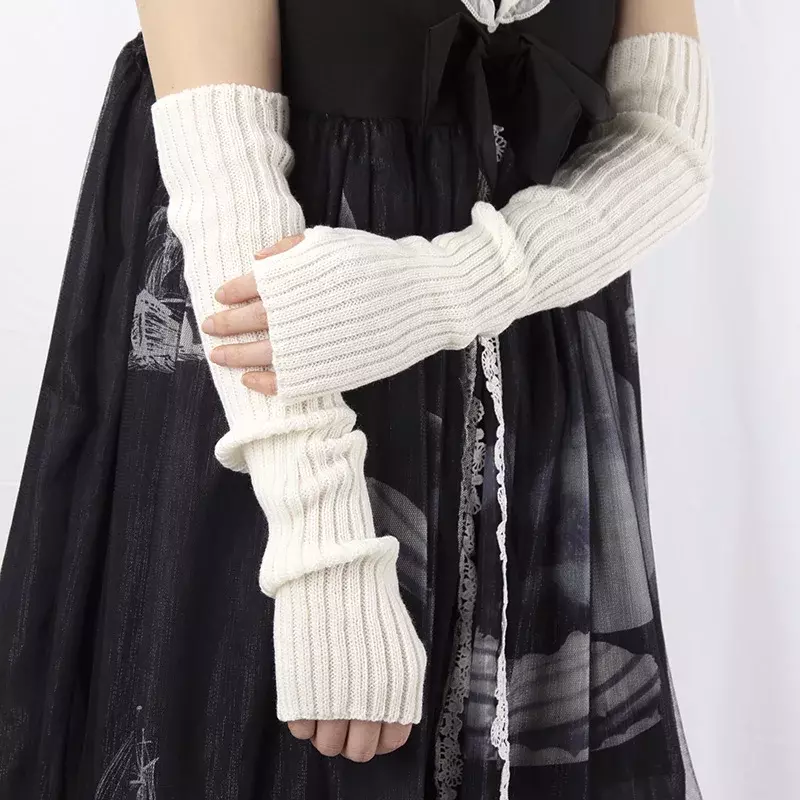 White Lolita Style Long Fingerless Gloves Women Winter Arm Warmer Knitted Arm Sleeve Casual Soft Girls Punk Gothic Mittens