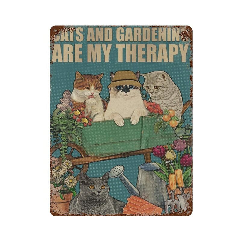 Retro Metal tin Sign，Novelty Poster，Iron Painting，Cat and Gardening Tin Sign, Cat and Gardening are My Therapy, Cats Lover Tin S