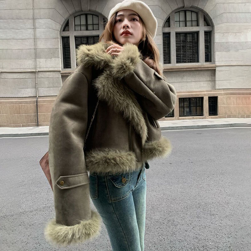 2023 New Autumn Winter Fur One Jackets Women Overcoat Suede Short Motorcycle Clothing Female Slim Korean Casual Jacket Outerwear