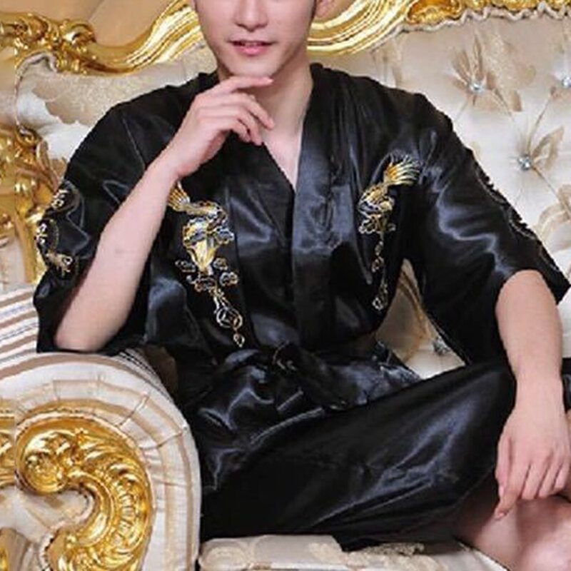 Мужская атласная одежда для сна в виде китайского дракона, шелковое кимоно, халат, пижама, Повседневная Свободная рубашка, банный халат, Ночная одежда
