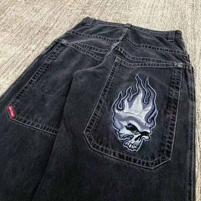 Celana pendek Jeans Retro Skull JNCO, celana pendek hitam pinggang tinggi untuk pria, celana Denim Gym, celana bordir Hip Hop, celana jins Retro Skull untuk pria