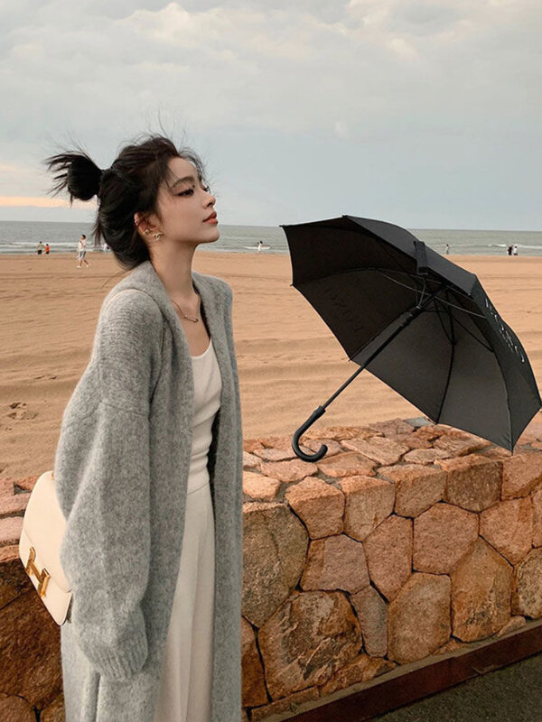 Deeptown-cárdigan largo gris para mujer, suéter de manga larga de lujo coreano, elegante, cálido, suelto, prendas de vestir exteriores de punto, Otoño e Invierno