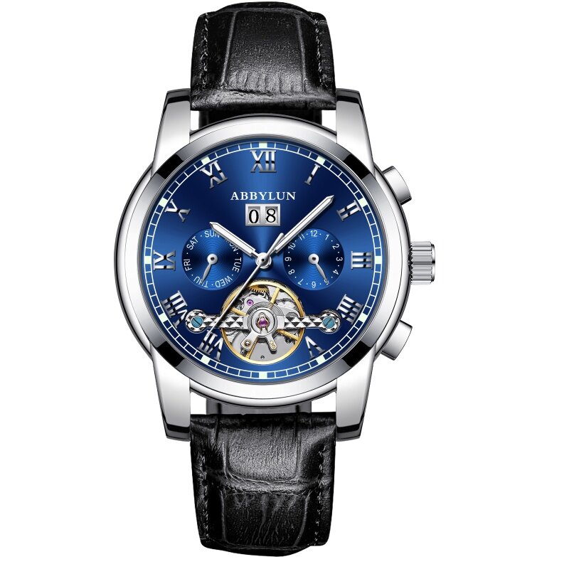 Abbylun 141 original Herren uhr Business Luxus Skelett automatische mechanische Uhr Leder armband wasserdichte Datum Armbanduhr