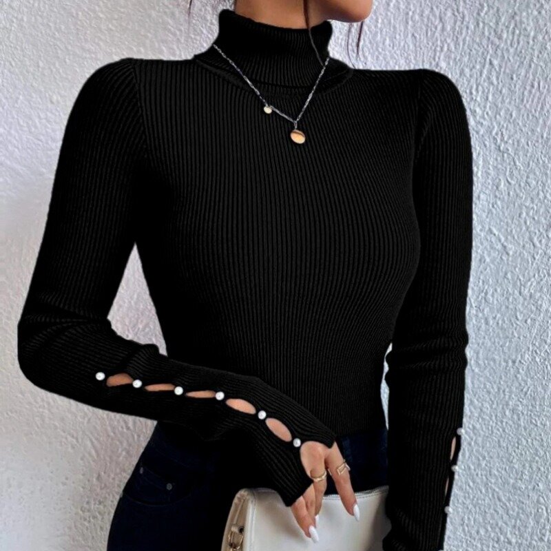 Fashion Turtleneck Pullover Sweater Autumn Thicken Winter Sexy Casual Hollow Out Button Soft Tops Slim Pull Female Jumpers 29304